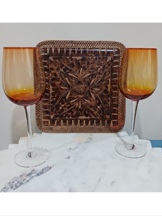 Pier 1 Other - Pier 1 Imports LOT Amberina Ombre Wine Glasses & Terra Cotta Rattan Trivet Retro